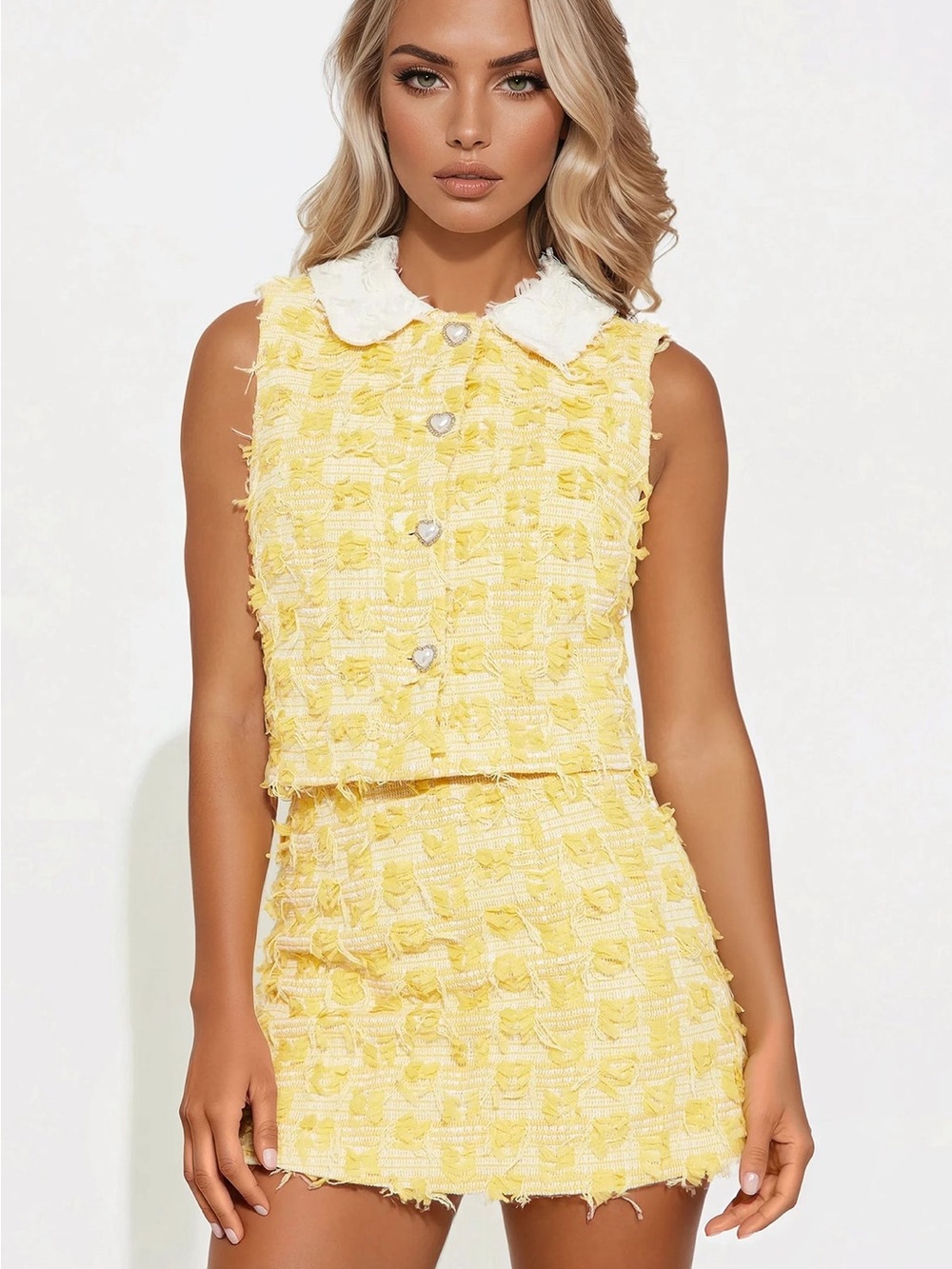 Fashion Nova “She’s Classy” Tweed Mini Skirt Set in yellow